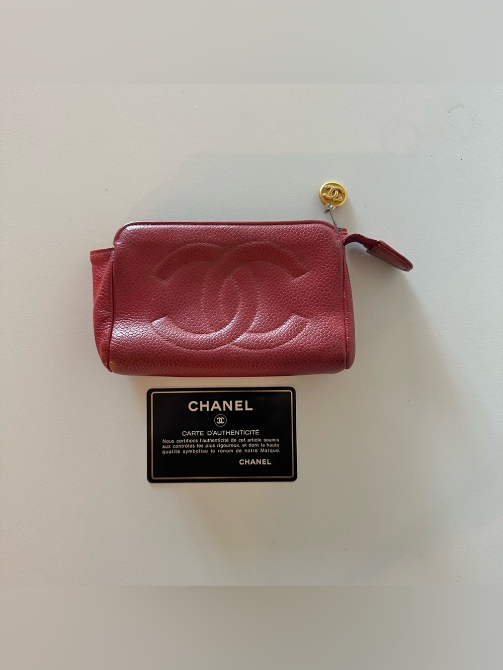 CHANEL Caviar Skin Coco Mark Cosmetic Pouch Clutch Bag Red Leather Mini

Overall